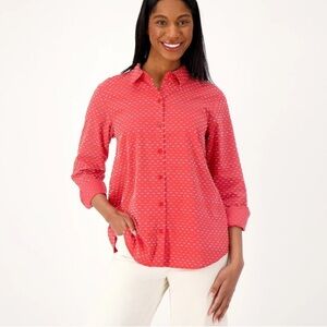 Joan Rivers Size Medium Textured Clip Dot Boyfriend Shirt RED CORAL